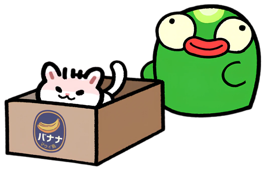 Blob standing next to a banana box with his cat hiding inside