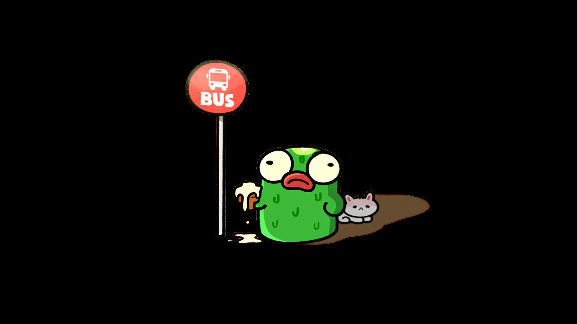Blob sitting slumped at a bus stop, holding a spilled drink, cat sitting nearby