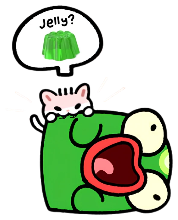 Blob screaming with his mouth wide open while the cat looks startled, a thought bubble asking 'Jelly?'