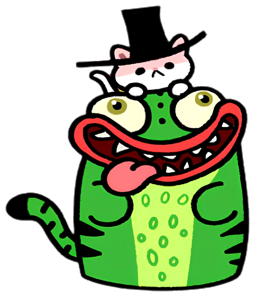 Blob screaming with a huge grin and his tail out, cat wearing a tiny top hat