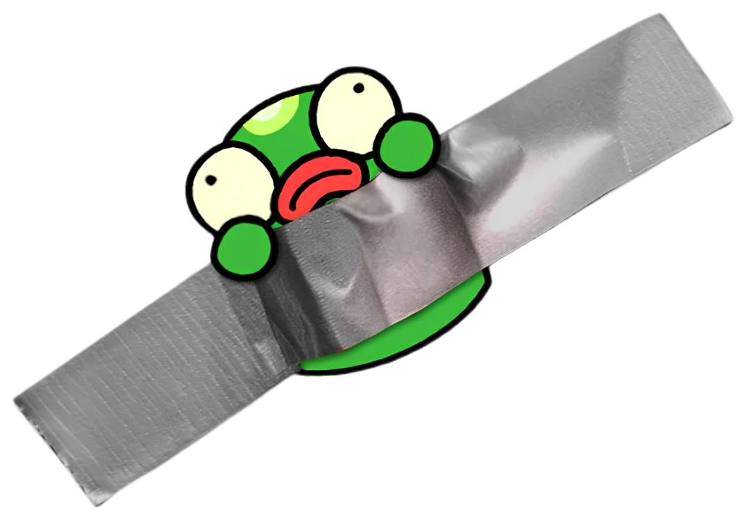 Blob taped to a wall with grey duct tape, unimpressed expression
